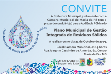 Convite para Audiência Pública com a função de colher subsídios para elaboração do Plano Municipal de Gestão Integrada de Resíduos Sólidos.